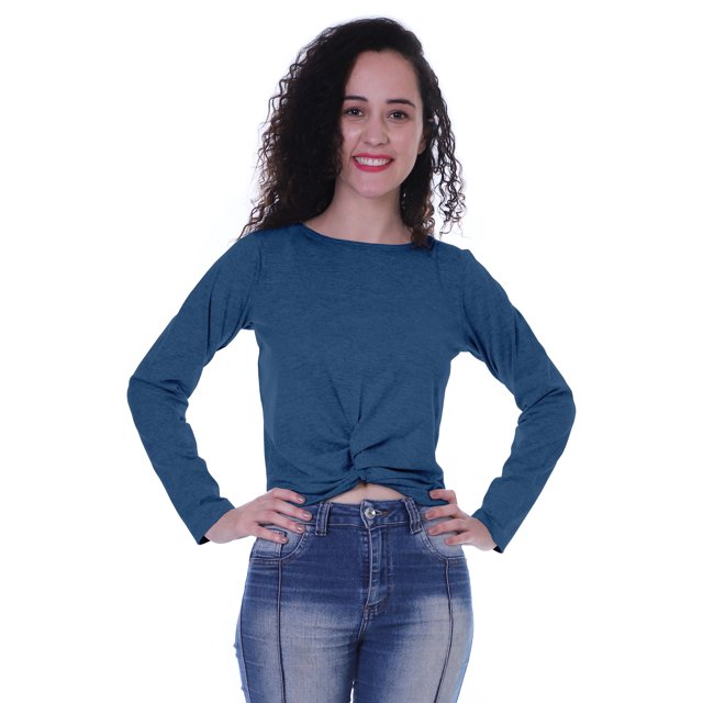 Moomaya Haut Court à Manches Longues avec Nœud devant pour Femmes T-Shirt d'Été Uni