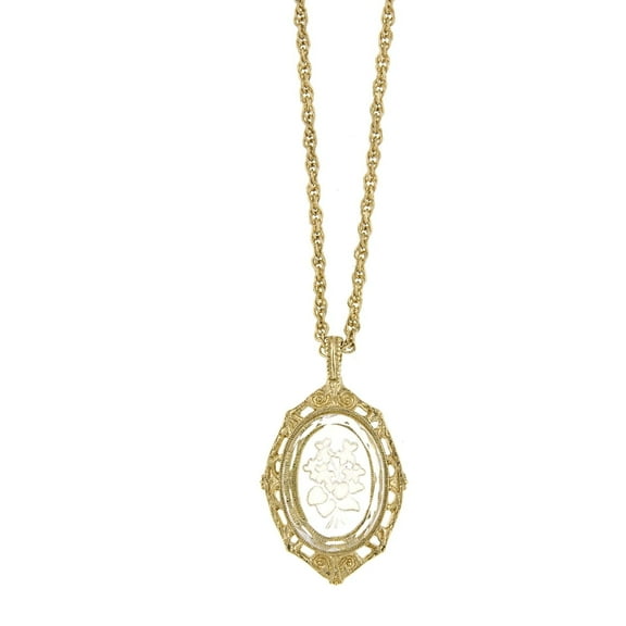 1928 Jewelry Etched Glass Flower Intaglio Pendant Necklace For Women 18"