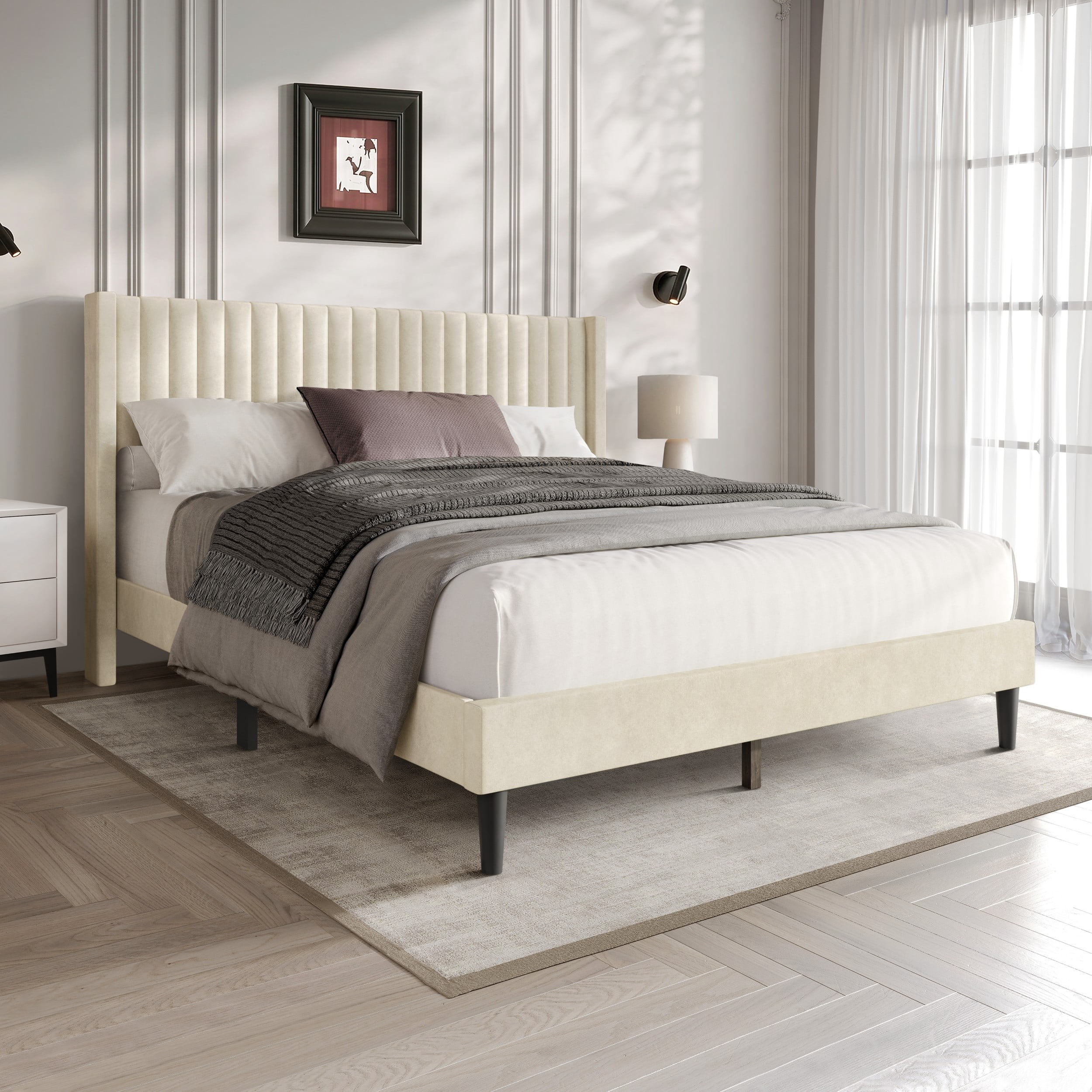 Favorer Montrose Upholstered Wingback Bed, Channel Tufted Headboard, Platform Design