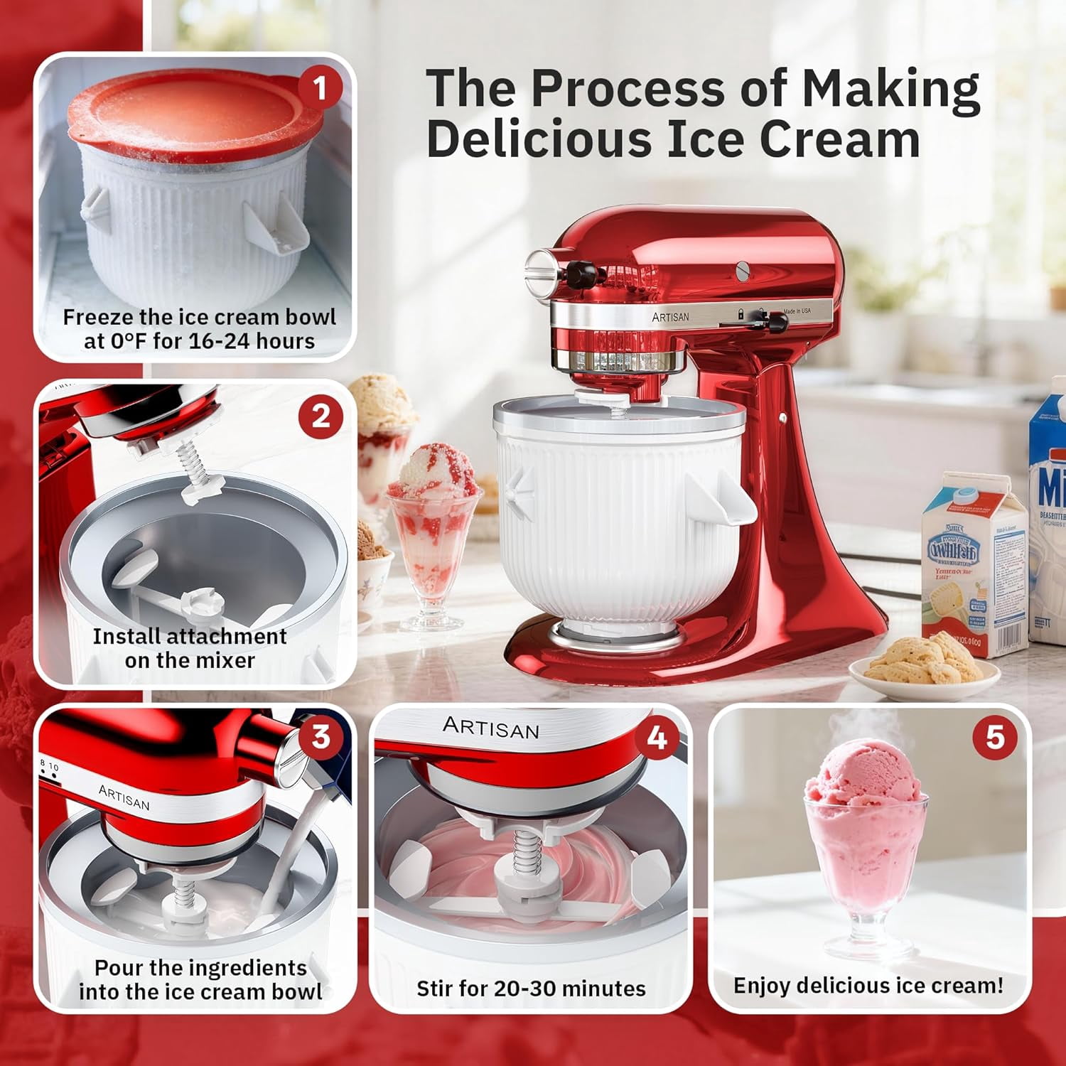 Ice Cream Maker Attachment for KitchenAid Stand Mixer, Ice Cream Bowl Compatible with 4.5Qt and Larger Stand Mixers, Ice Cream & Sorbet Gelato Maker Attachment, 2 Quart, White