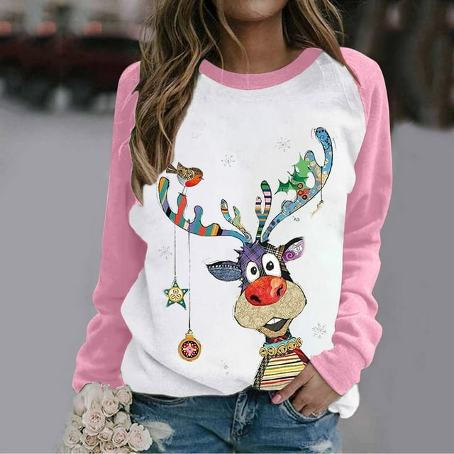 Chandail en Molleton de Noël pour Femmes 2023 Col Rond Mode Décontractée Manches Longues Imprimé de Noël Chandail en Molleton Blouse en Solde