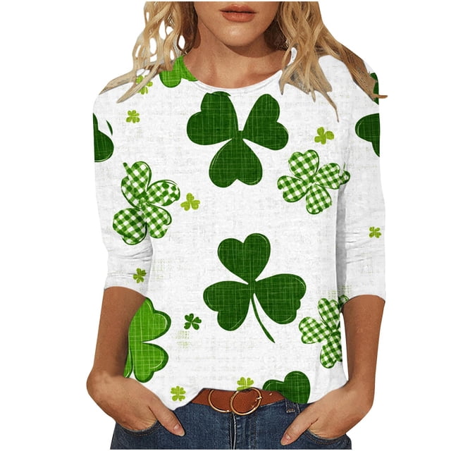 Staron Vente de Liquidation Hauts pour Femmes Manches 3/4 Jour de la Saint-Patrick Trèfle Irlandais Hauts Col Rond T-shirt Graphique Tuniques Coupe Ample Mignon Gnome T-Shirts Verts