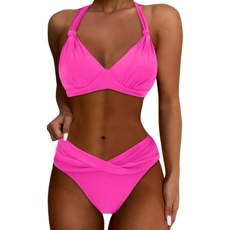 JIANJIA Womens Swimsuits Vintage Solid Color Lace Up Halter Push Up Bra And Panty Set Two Piece Tankinis Swimwears Holiday Wear Pink L