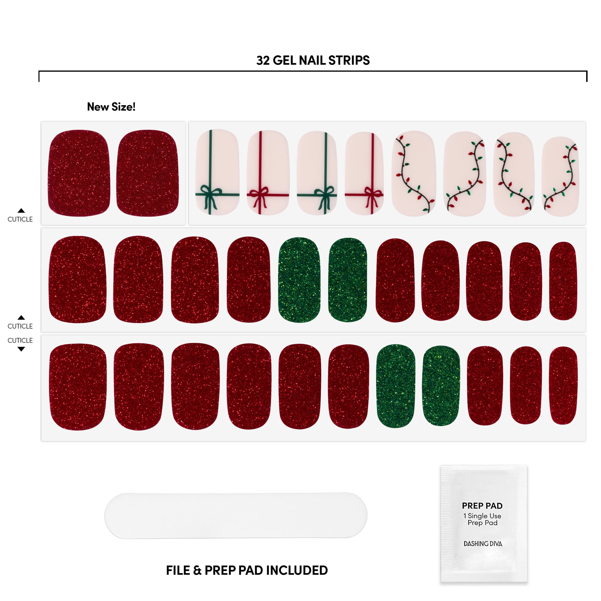 Dashing Diva Gloss Gel Nail Strips, Deck the Tips, 32 Count