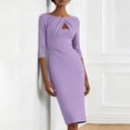 thumbnail image 4 of Women's Elegant Bodycon Midi Dress Three Quarter Sleeve Knot Front Cut Out Waist Pencil Sheath Dress For Wedding Guest Cocktail Evening Party Office, 4 of 8
