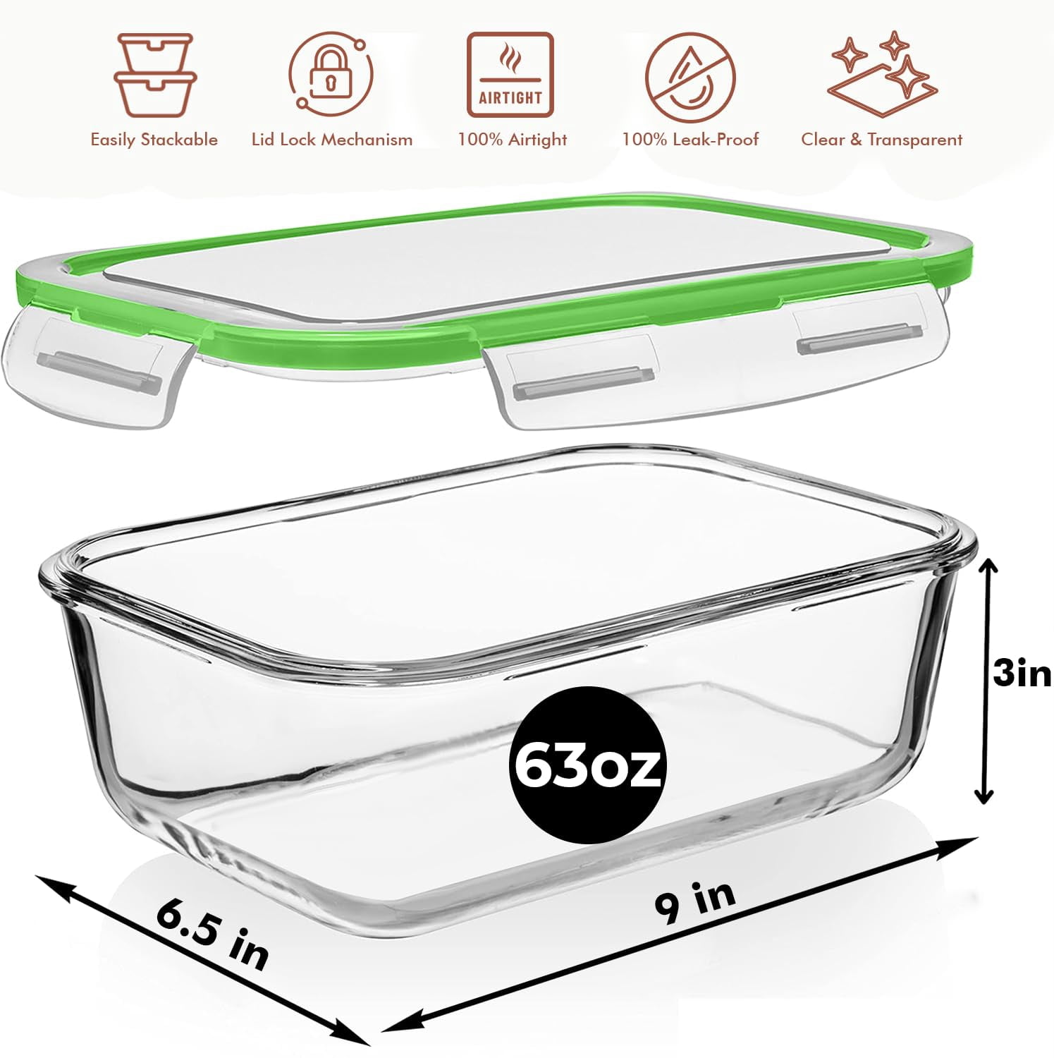 Green Glass Food Storage Containers 4 Piece 1860ml Meal Prep Leftover Storage