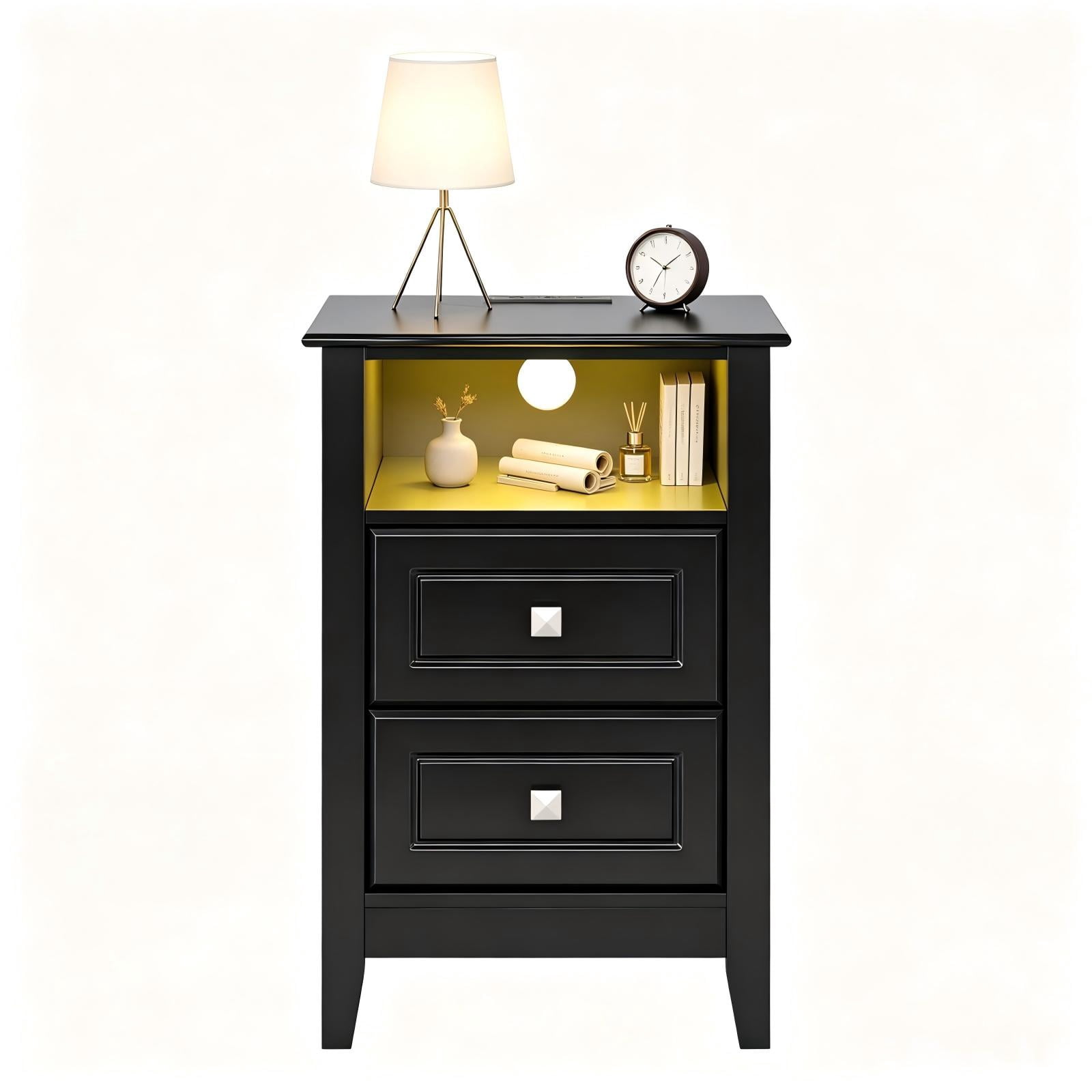 2-Drawer Bedside Table with Shelves, MDF, Black, 15.75 x 13.78 x 23.62 in