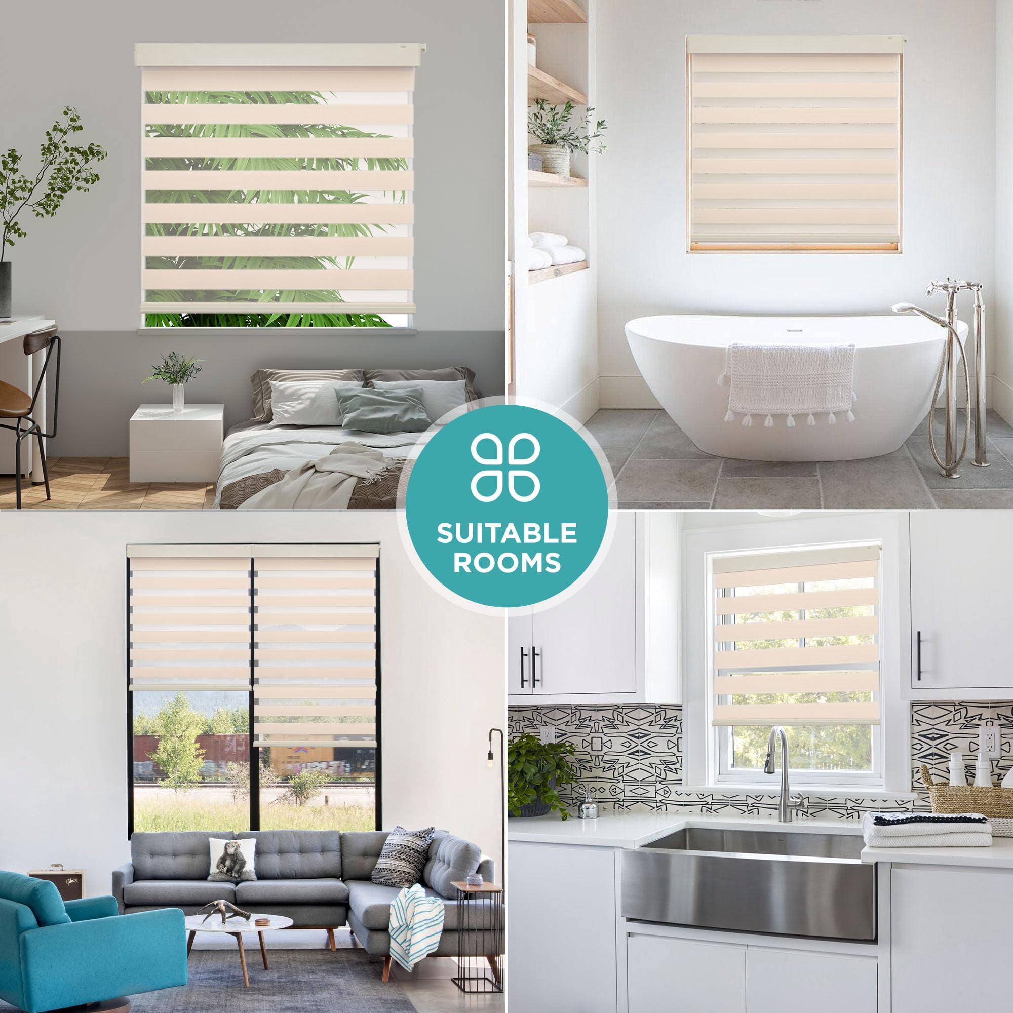 No Drill Zebra Blinds For Windows  Cordless Day & Night Dual Sheer Roller Shades Easy Installation Free-stop Lift System Light Filtering Privacy Home(beige 23" W X 75" H)