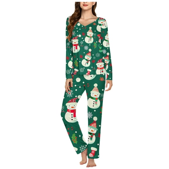 Riecok Christmas Pajama Set for Women Long Sleeve Snowman Printed Tops and Wide Leg Pant Holiday Loungewear Outfits