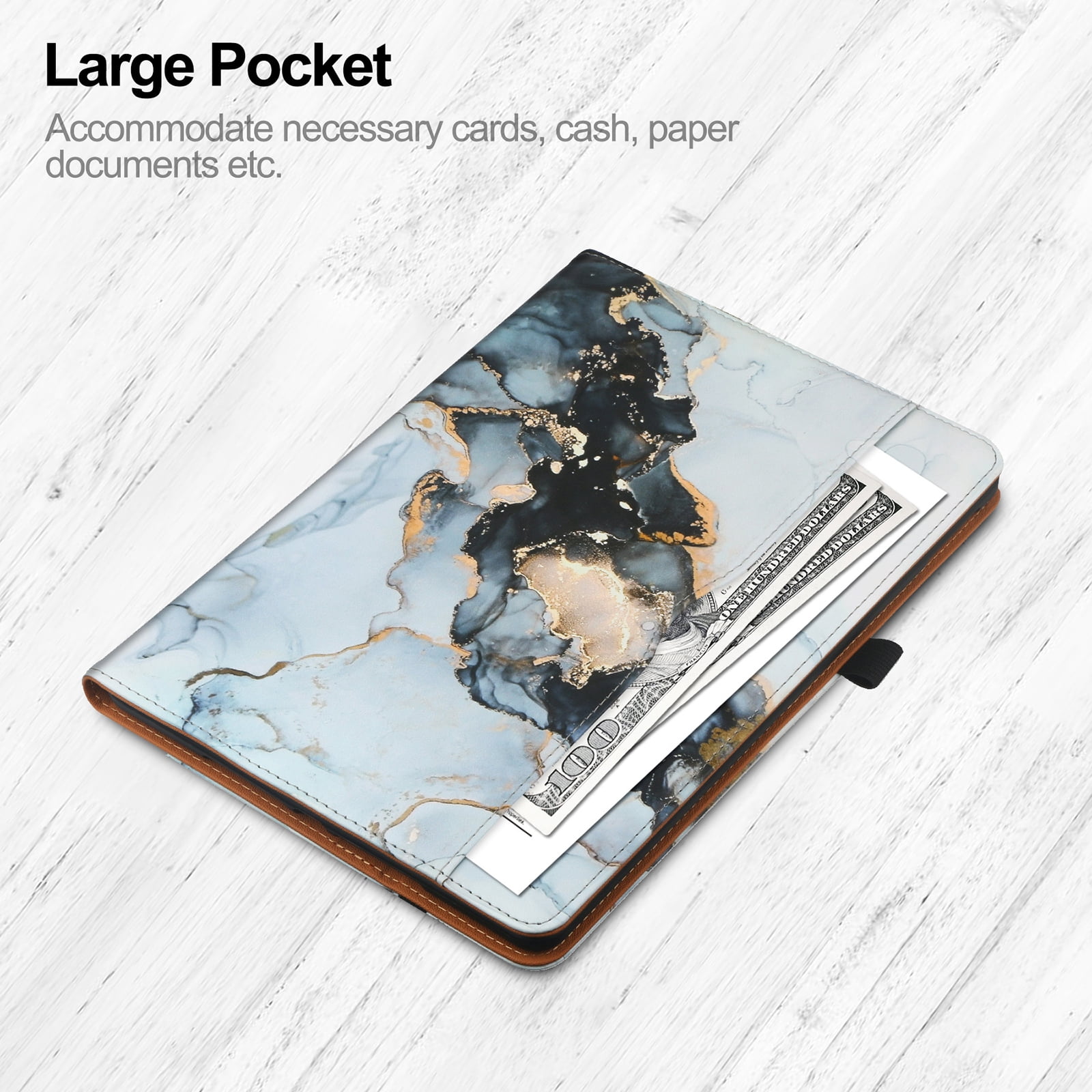 For iPad 6th 5th Gen Case/ iPad Air 1 2 Case, Auto Sleep Wake Kickstand Elastic Band Pencil Holder Front Pocket Business Case for Apple iPad 9.7" 2018/2017/ iPad Air 1 2 9.7", Black Marble