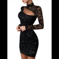 thumbnail image 2 of Vestido de Fiesta Ajustado y Mini con Encaje Transparente y Mangas Largas para Mujer. Negro M, 2 of 8