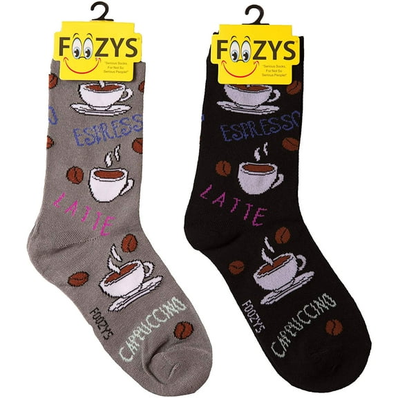 Foozys Small/Medium Novelty Crew Socks | Coffee Varieties Cute, Fun & Makes a Great Gift! | 2 Pair (Black & Grey) | Women’s Shoe Size 4-10