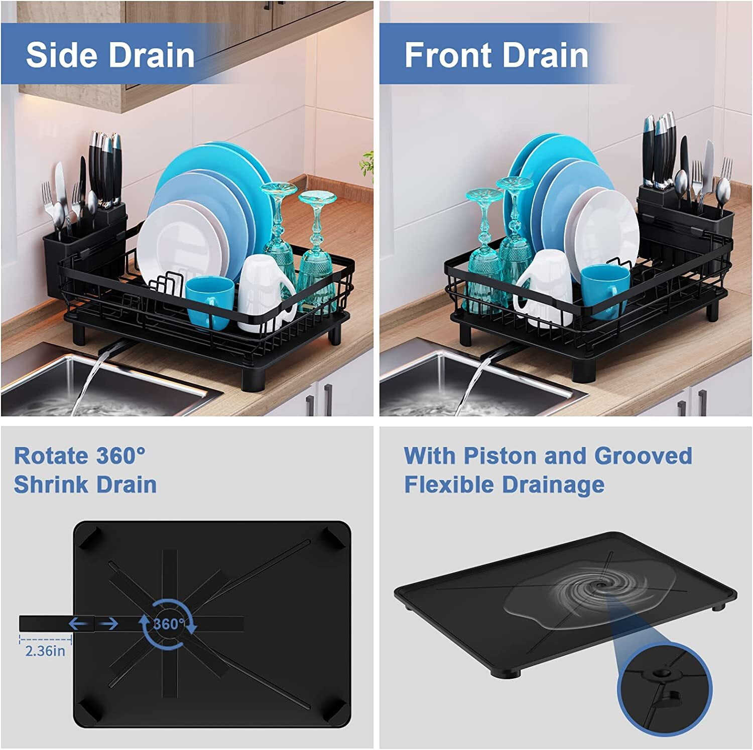 Dish Drying Rack, Dish Racks for Kitchen Counter, Dish Drying Rack for Kitchen Counter with Removable Dish Drainer, Dish Dryer Rack with Drainboard and Swivel Spout (Black)