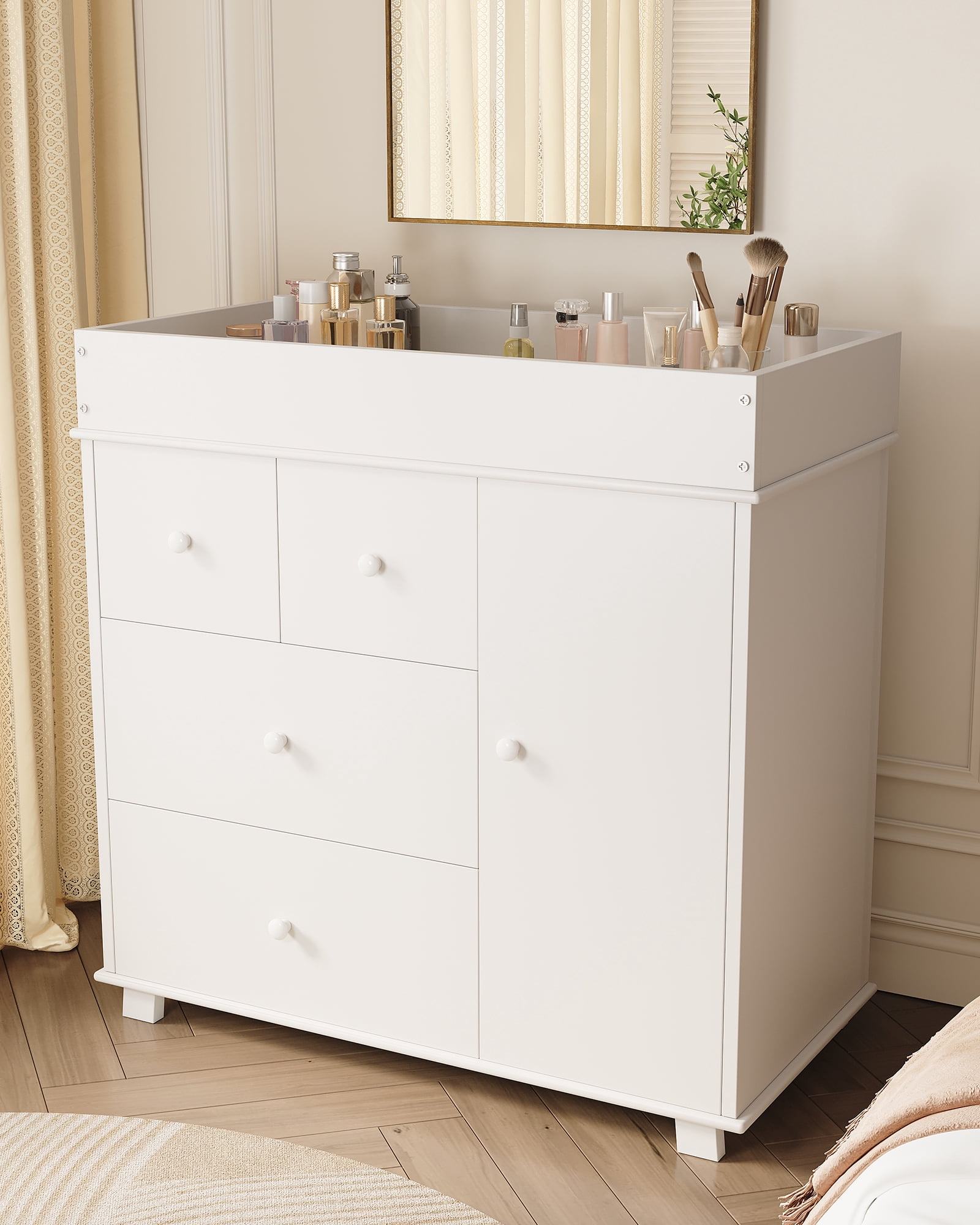 Roromall Baby Dresser with Changing Table Top, 4 Drawers Nursery Dresser with Door, Infant Diaper Changing Station Baby Cloth Organizer for Nursery and Bedroom