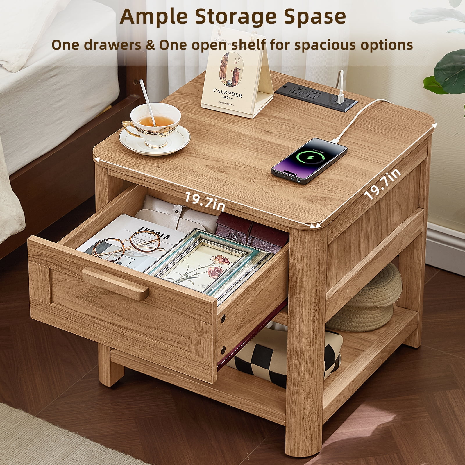 Joaxswe Nightstand with Charging Station, Dark Wood End Table with Silent Slide Drawers, Modern Side Table, Wooden Night Stand for Living Room