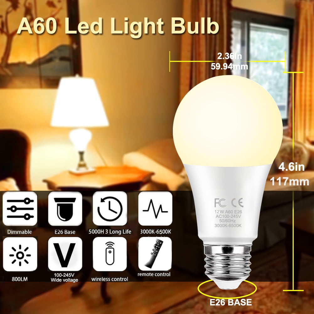 GRV 12W A60 Smart Light Bulbs with a 2.4GHz remote control,Color Changing Led Bulbs,Stepless Dimmable 3000K-6500K,100W Equivalent,1000LM ,E26 Base,Light Bulb for Home Decor,2 Bulb & Remote
