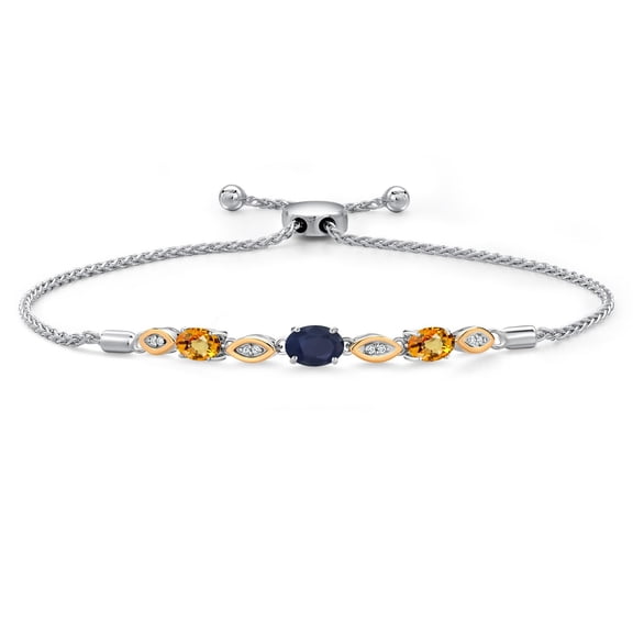 Gem Stone King 925 Silver and 10K Yellow Gold Blue Sapphire and Yellow Sapphire and Lab Grown Diamond Bracelet for Women | 2.29 Cttw | Gemstone September Birthstone | Oval 7X5MM | Fully Adjustable 9"