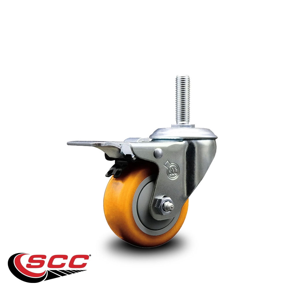 3 Inch Yellow Poly Wheel Swivel 5/8 Inch Threaded Stem Caster Total Lock Brake