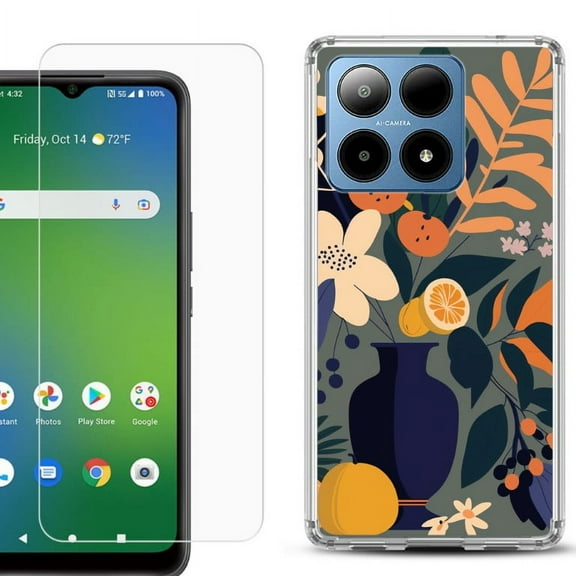 For Boost Mobile Summit 5G Shockproof Phone Case Cover with Tempered Glass Screen Protector, by OneToughShield - Flower Art