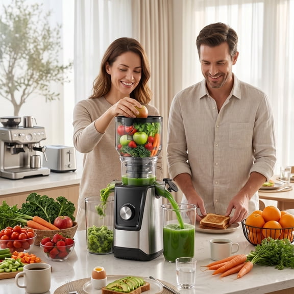 Open Box SIMZLIFE Cold Press Juicer, Masticating Juicer with 5.1" Wide Feed Chute, Slow Juicer Machines with High Juice Yield