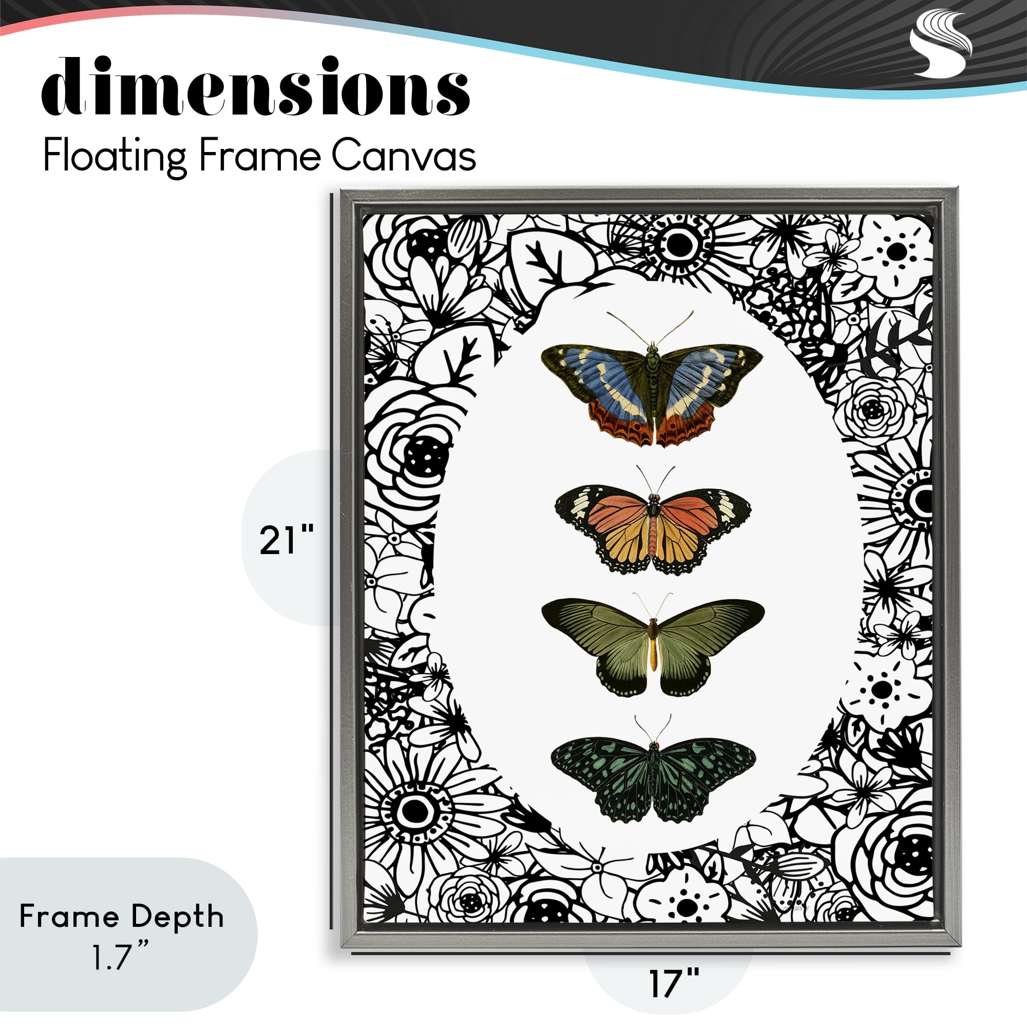 Stupell Industries Floral Border Butterfly Lineup Gray Framed Floater Canvas Wall Art, design by Dan Meneely