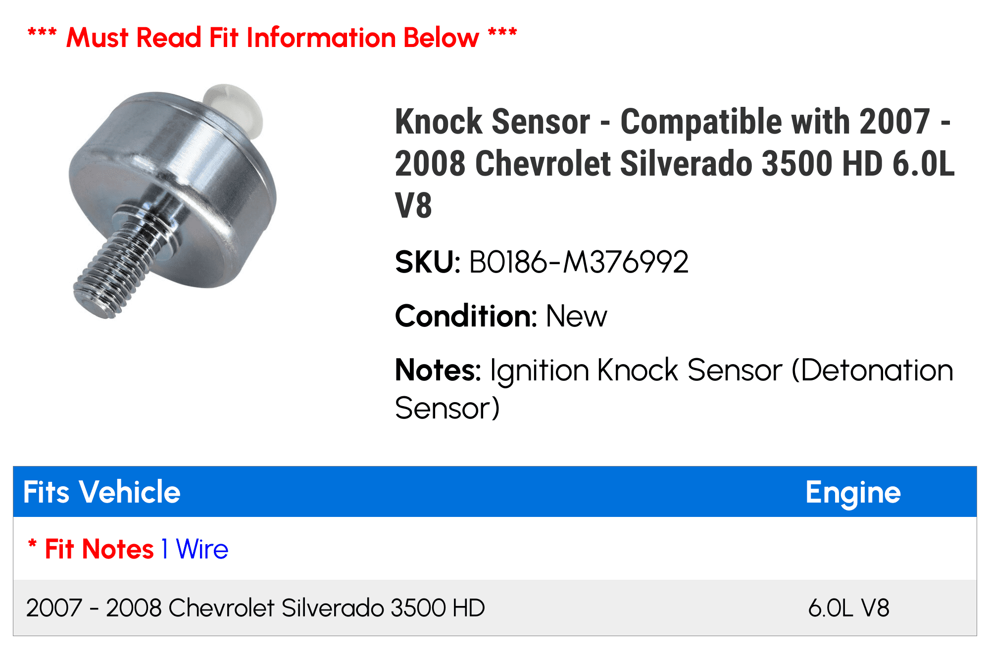 Knock Sensor - Compatible with 2007 - 2008 Chevy Silverado 3500 HD 6.0L V8