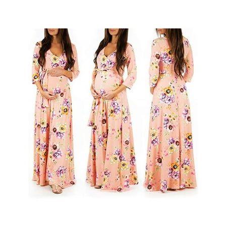 - Pregnant Wrap V Neck Maxi Dress Womens Floral 3/4 Sleeve Party Maternity Dresses