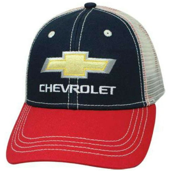 Capsmith Mens Adjustable Chevrolet Embroidered Logo Trucker Hat (Blue/Red/Tan)