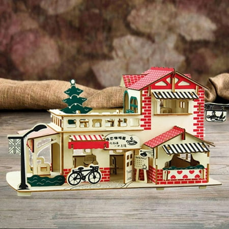 Mrosaa DIY Handcraft Dollhouse Puzzle Miniature Project My Little 3D Coffee Shop Kids Wooden Dolls House -
