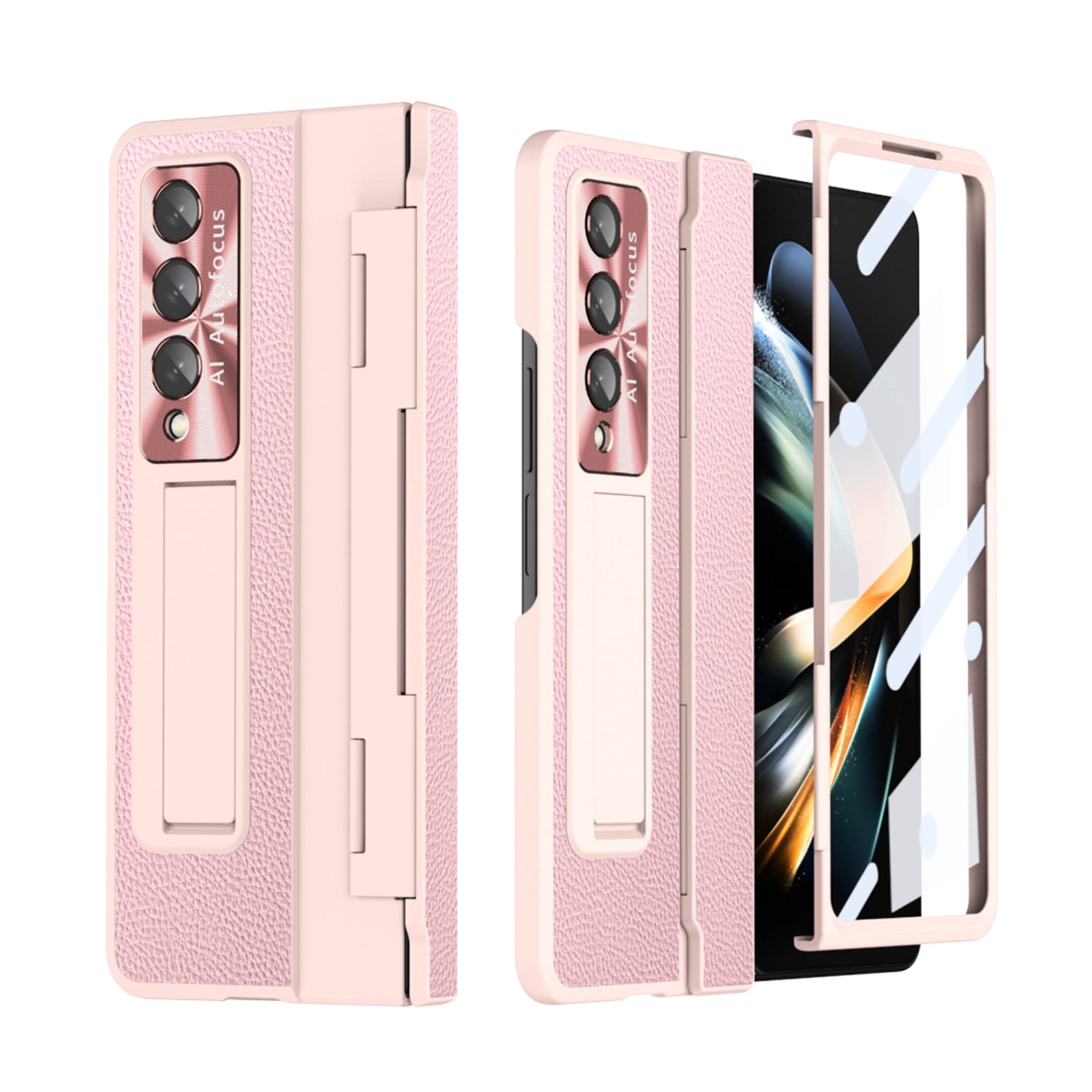 TECH CIRCLE Galaxy Z Fold 3 Case, Ultra-Thin Luxury PU Leather Hard PC Kickstand Anti-Scratch Shockproof Hinge Protection Case Support Wireless Charging for Samsung Galaxy Z Fold 3 5G, Pink