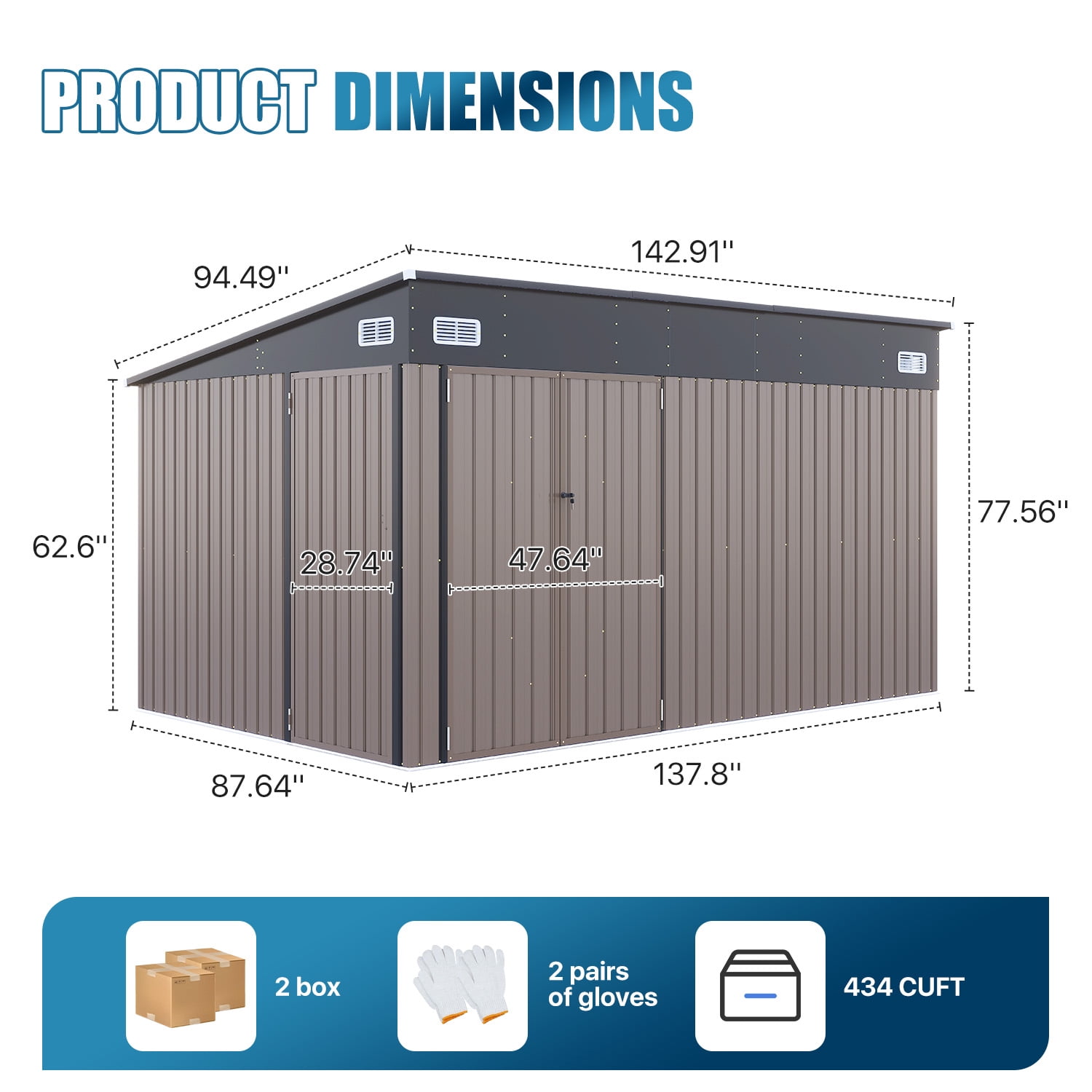 Sunmthink 12' x 8' Metal Storage Shed with Triple Doors, Lockable Lean-to Design & Vents, Brown