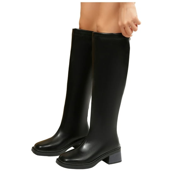 Rokment Womens Knee High Boots Fall Winter Trendy Leather Square Toe Chunky Mid Heel Motorcycle Riding Dress Tall Boots with Back Zipper Black Size 6