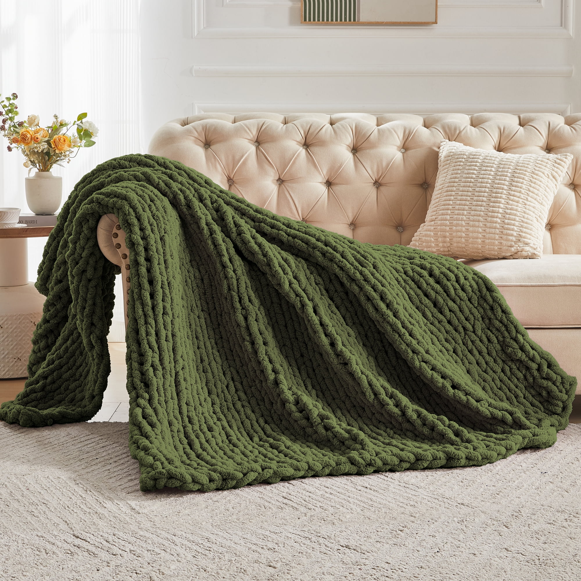 Carriediosa Chunky Knit Throw Blanket Handmade Soft Throws for Couch Sofa Bed, 50" x 60" Olive Green