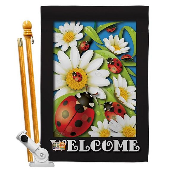 Breeze Decor BD-BG-HS-104068-IP-BO-D-US11-BD 28 x 40 in. Ladybug Heaven Garden Friends Bugs & Frogs Impressions Decorative Vertical Double Sided House Flag Set & Pole Bracket Hardware