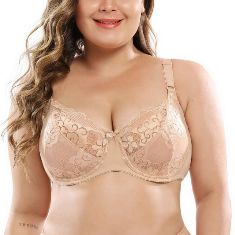 Women's Plus-Size Padded Lace Perspective Bra with Embroidery Floral  Underwire Bras