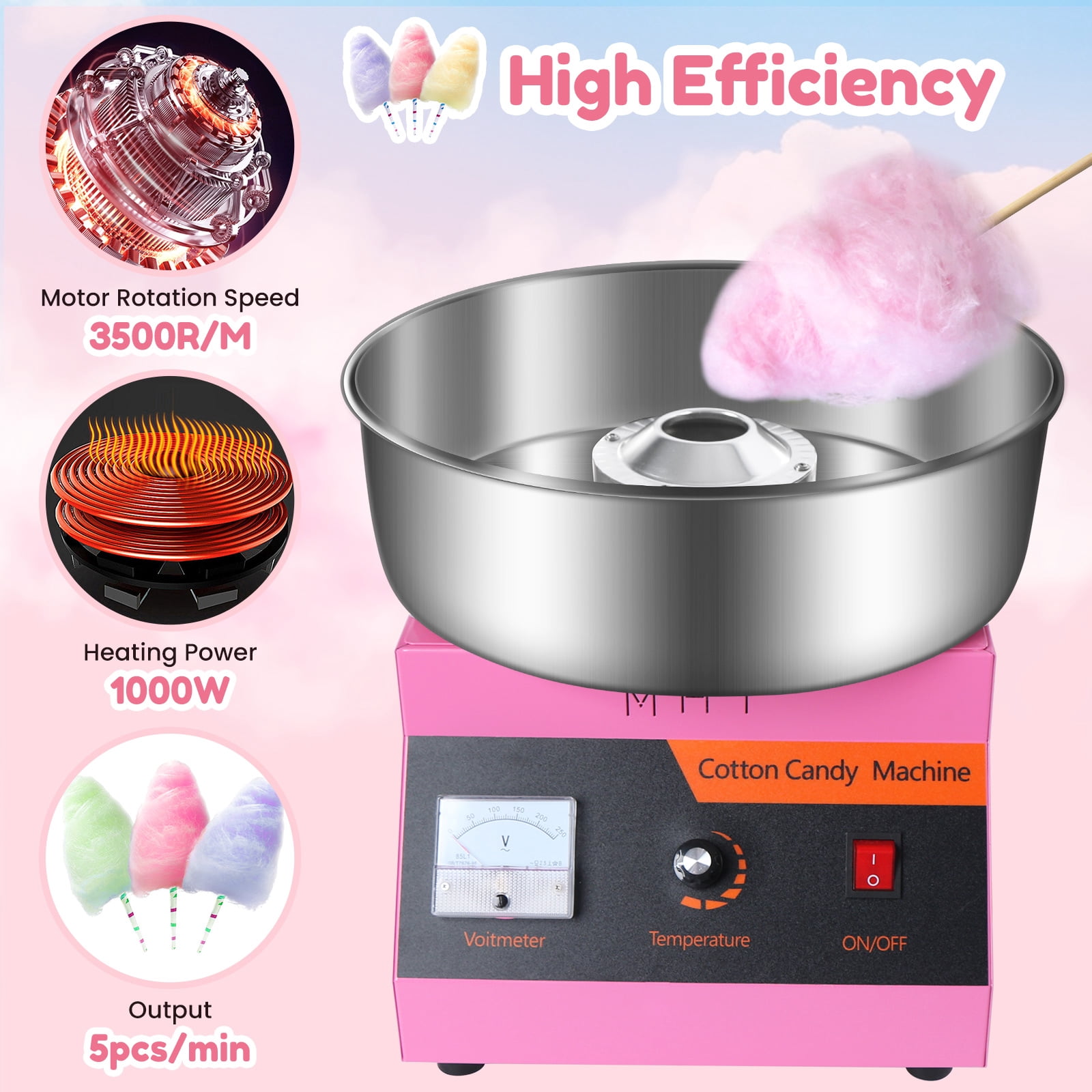 Commercial Cotton Candy Machine - 1000W Electric Cotton Candy Maker with 3500RPM Motor, Stainless Steel Bowl, Perfect for Home, Parties, Carnivals & Events (Pink