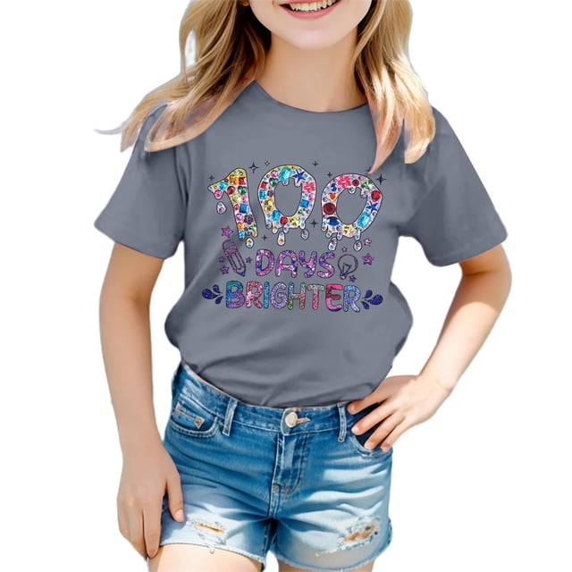 T-shirts pour Filles Mode Décontractée Imprimé Col Rond Manches Courtes Ample Vêtements pour Tout-Petits Filles Gris 8-9 Ans