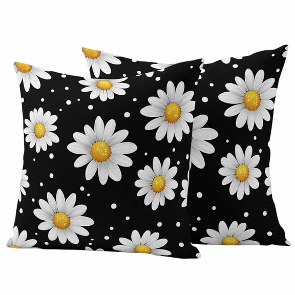 2 Pack Outdoor Waterproof Throw Pillows, White Daisy Polka Dots on Black Decorative Square Pillow Case Patio Pillows for Chair Couch Sofa 16x16in