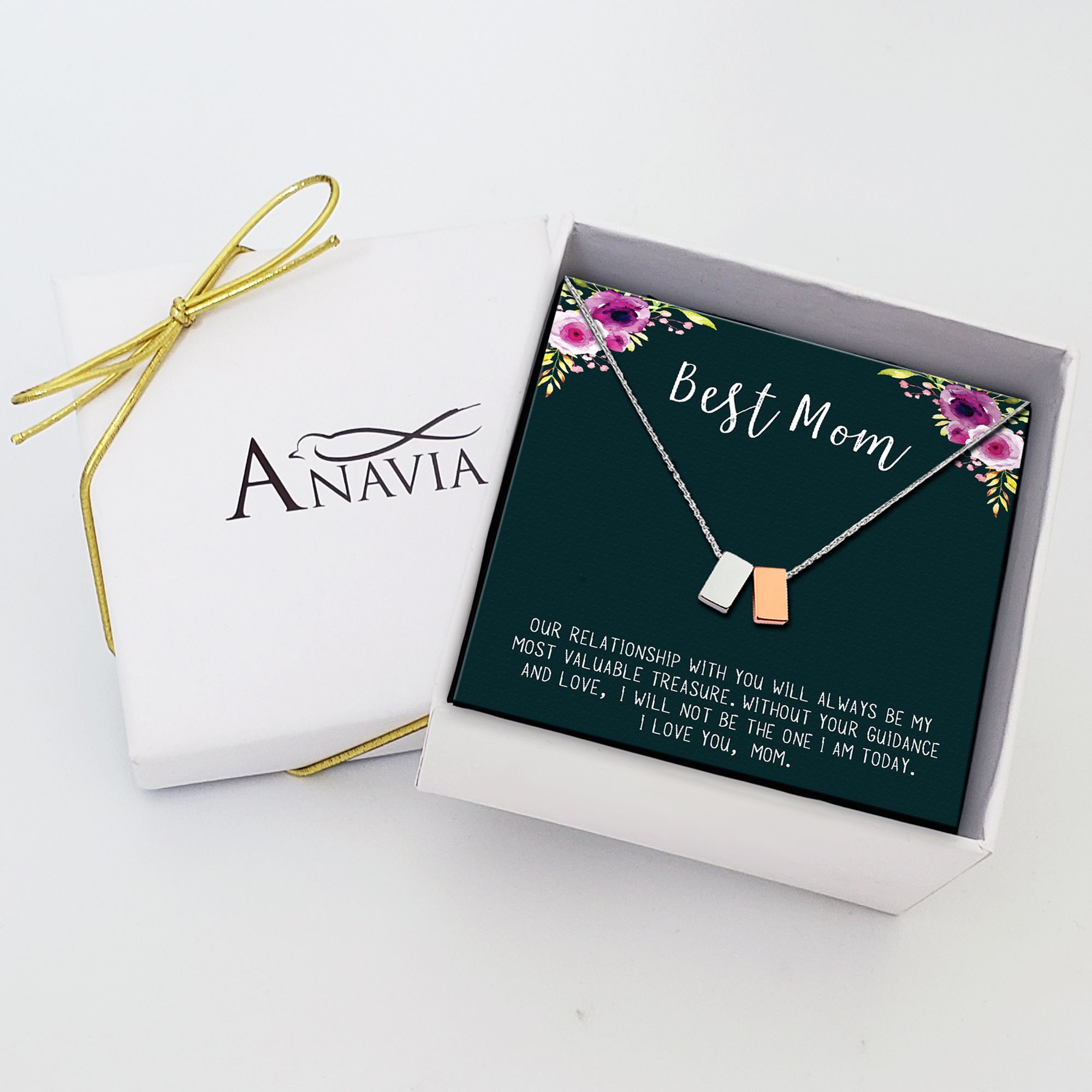 Anavia Mothers Necklace, Mom Necklace, Mom Gift, Gift for Mom, Mom Birthday Gift, Christmas Gift for Her, Double Cubes Pendant Necklace with Wish Card -[1 Silver & 1 Rose Gold]