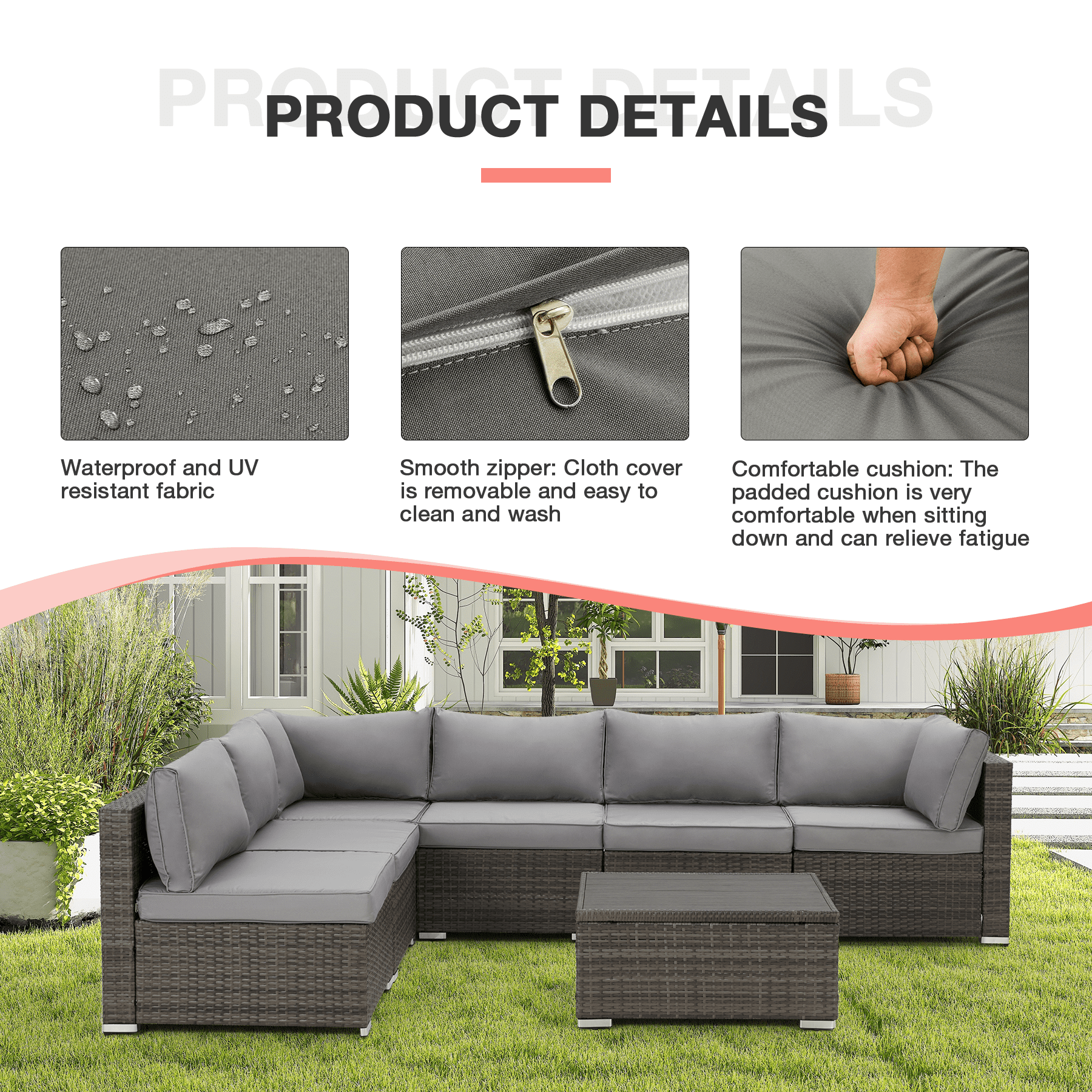 GYUTEI 7 Piece Patio Furniture Set with Adjustable Bracket All-Weather Wicker Conversation Set with Coffee Table for Porch Garden Backyard (Gray)