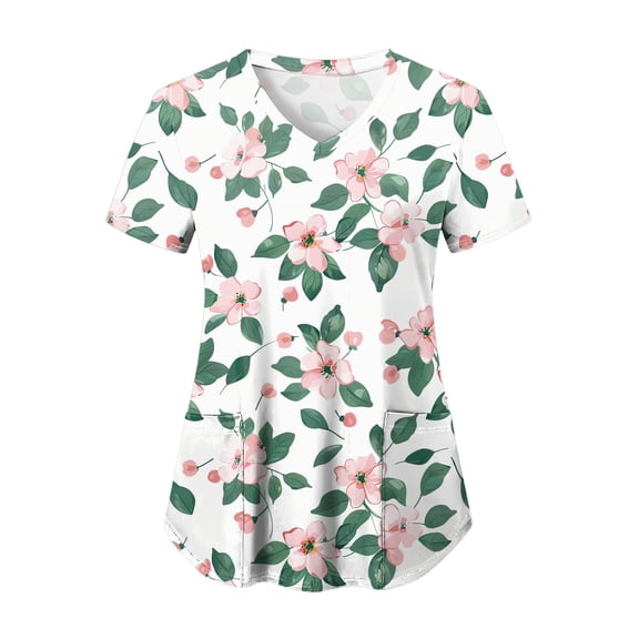 felwors Print Scrub Tops Women Floral Scrubs V Neck Short Sleeve Stretch Nurse Uniform with Pockets Functional Workwear (White, XXXL)