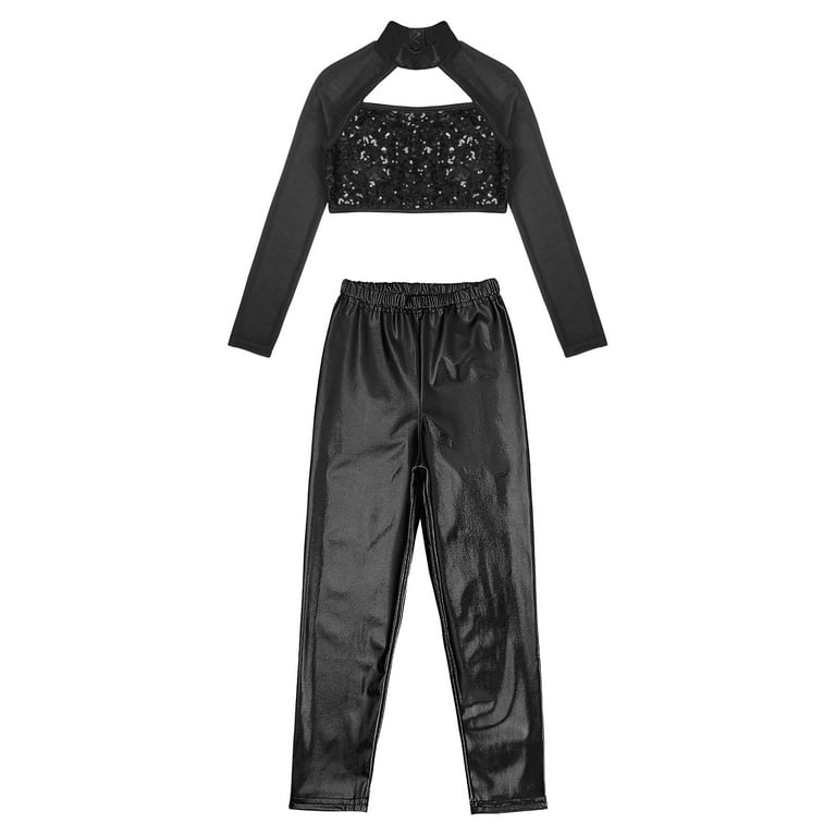 YiZYiF Kids Girls Patchwork Long Sleeve Dance Suit Shiny Sequins Crop Top  with Metallic Leggings Set 