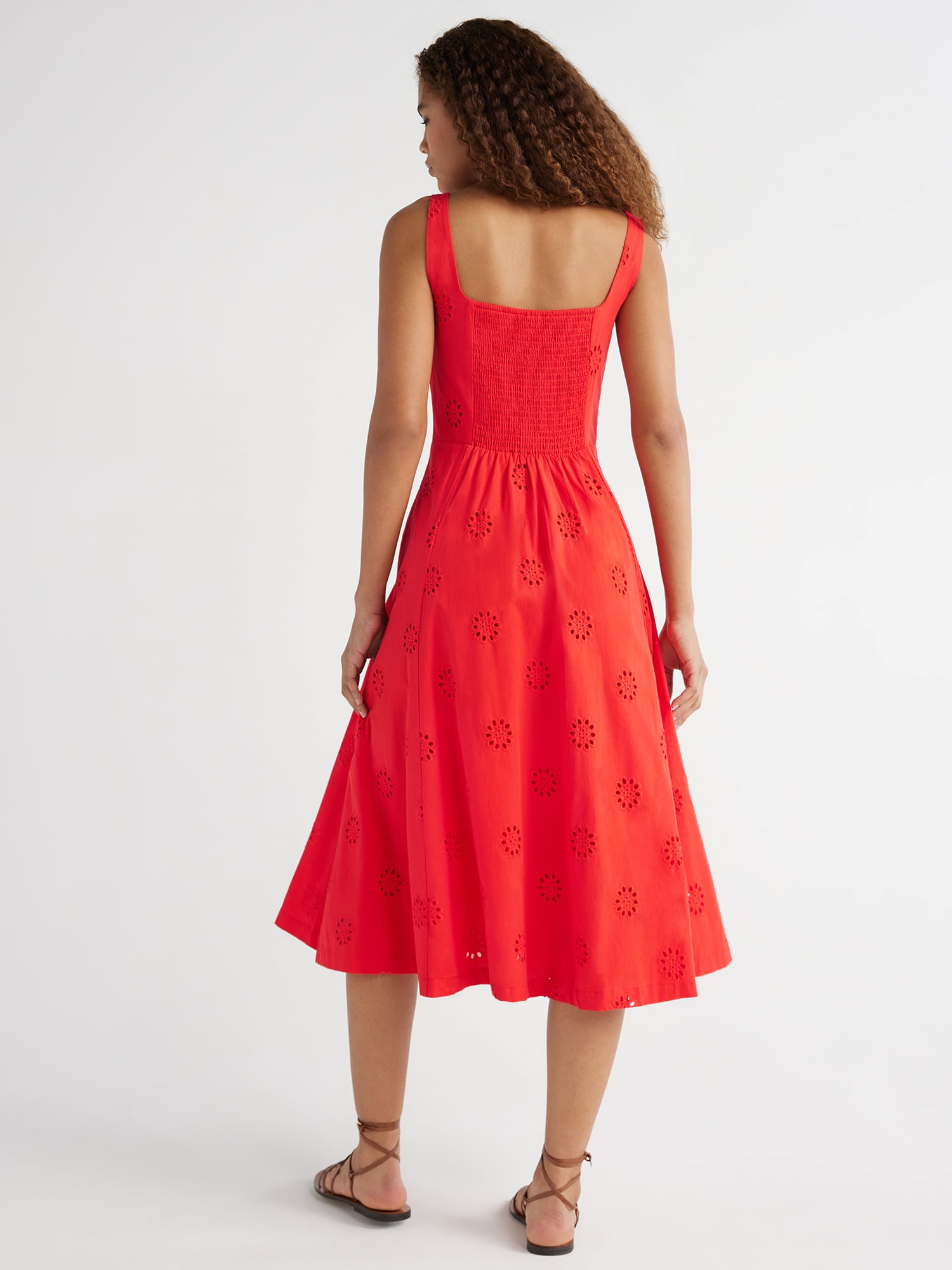 Free Assembly Women's Sleeveless Cotton Eyelet Panel Midi Dress, Sizes XS-XXL