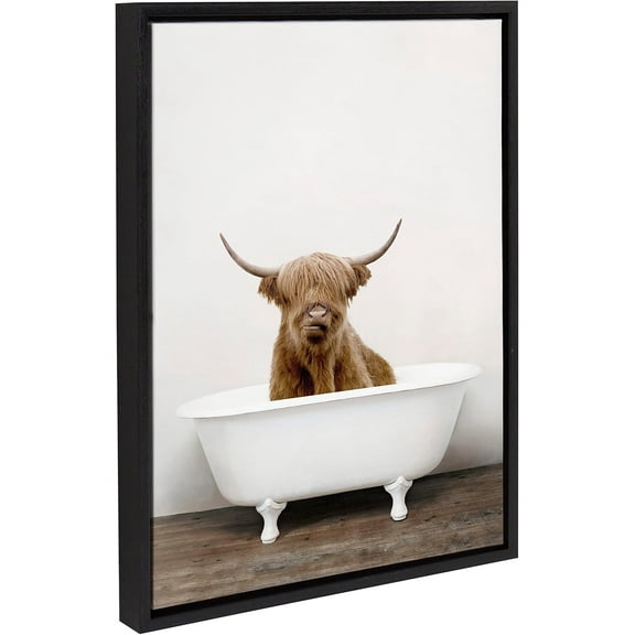 Aaheei Sylvie Highland Cow in Tub Color Canvas Wall Art ,Black, Colorful Modern Animal Wall Art