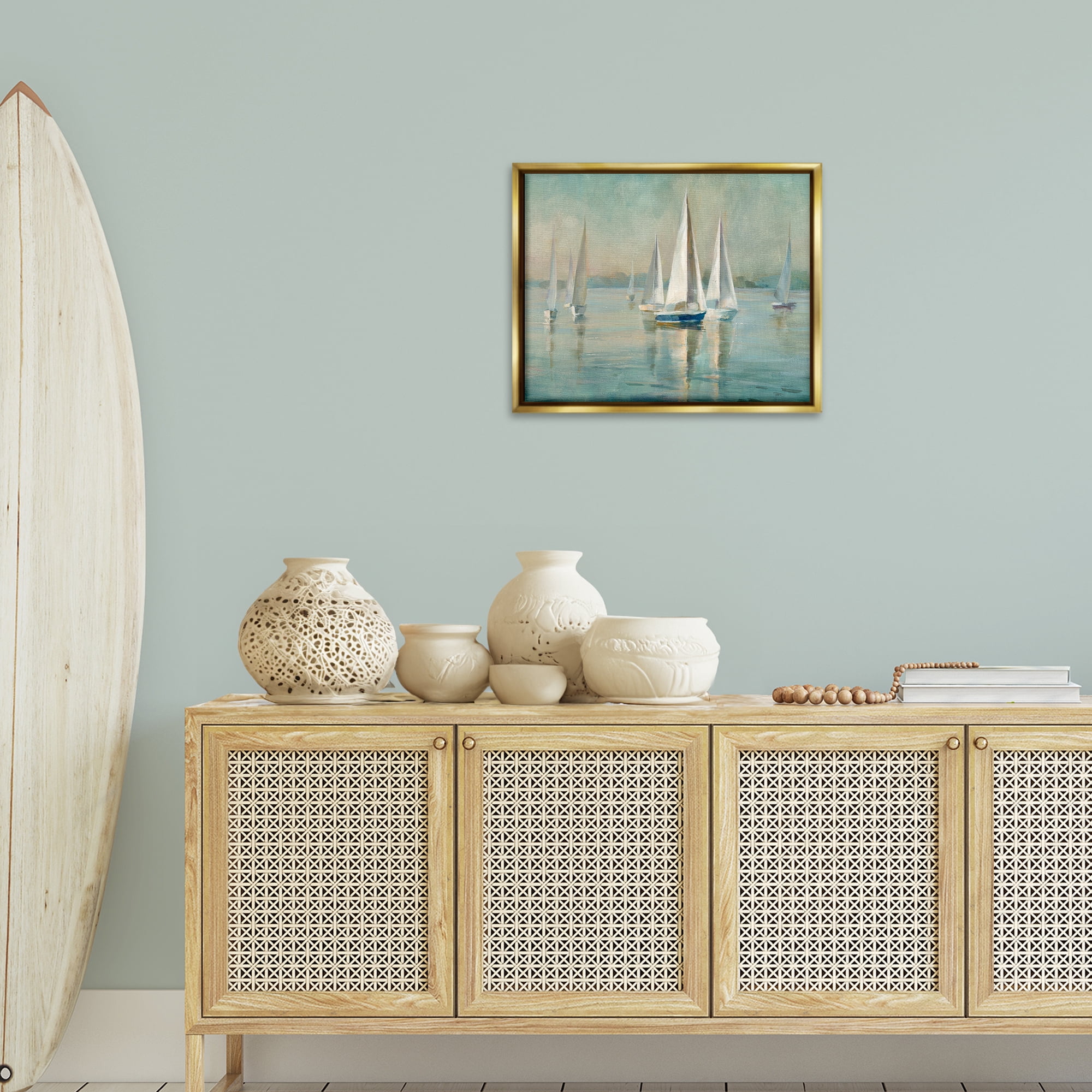 Stupell Industries Sailboats at Sunrise Nautical & Beach Painting Gold Floater Framed Canvas Art Print Wall Art, 21 x 17