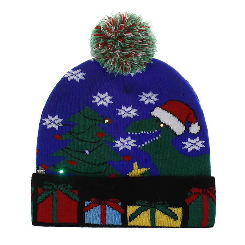 LED Light Christmas Beanie Cartoon Winter Cap Santa Snowflake Knitted Hat Decor 