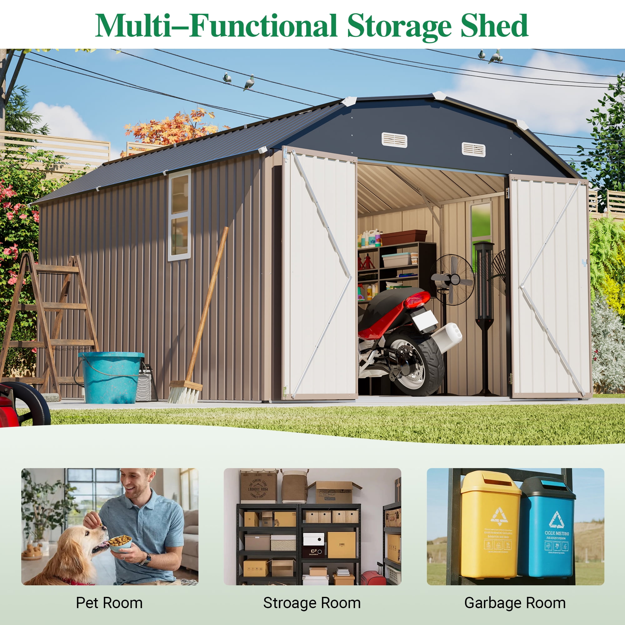 LZBEITEM 10' x 12' Metal Outdoor Storage Shed with Floor Frame Kit, Tool Shed Heavy Duty with Window and Lockable Door for Garden Backyard, 10.24 psf, Brown