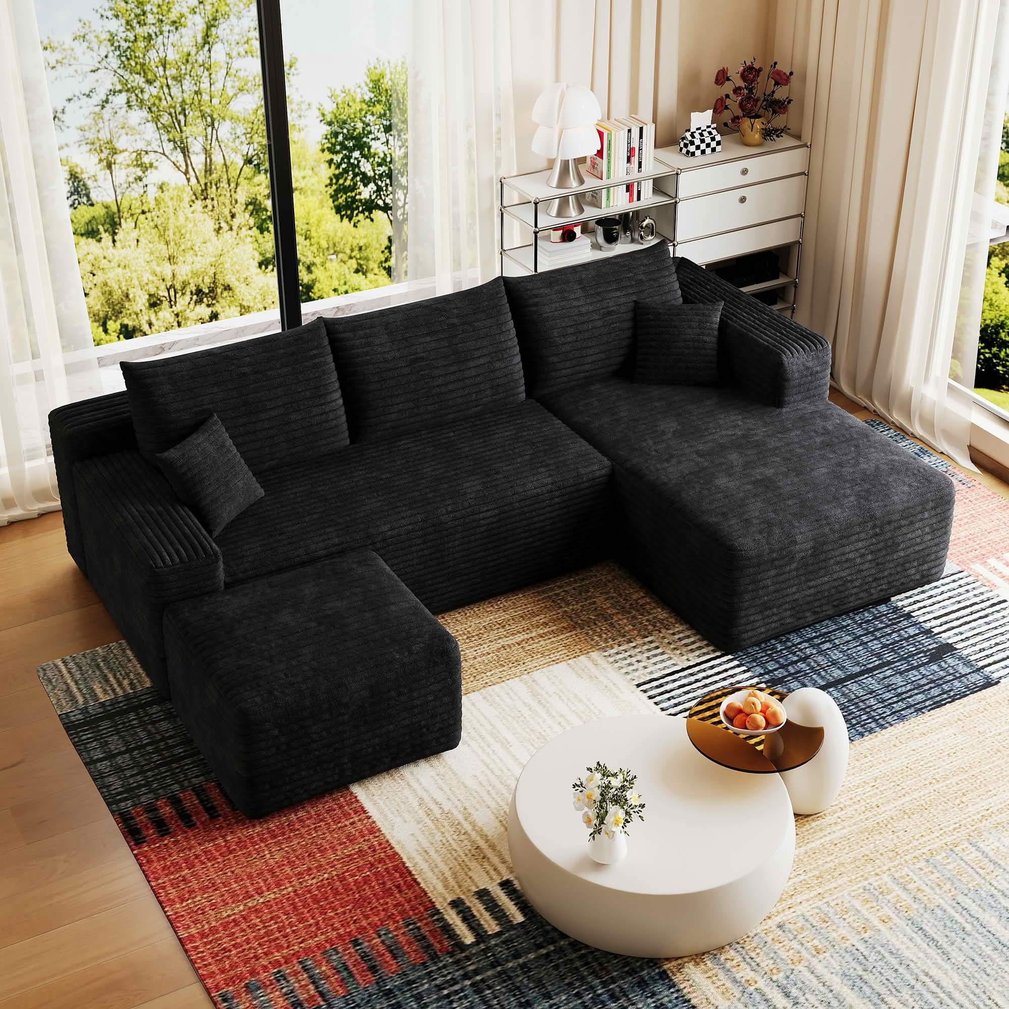 MAYEERTY 95 Inch U‑Shaped Cloud Sectional Sofa with 1 Ottoman, Modern Deep‑Seat Corner Couch, Plush Corduroy Reversible Sofa, No‑Assembly for Living Room Bedroom Apartment