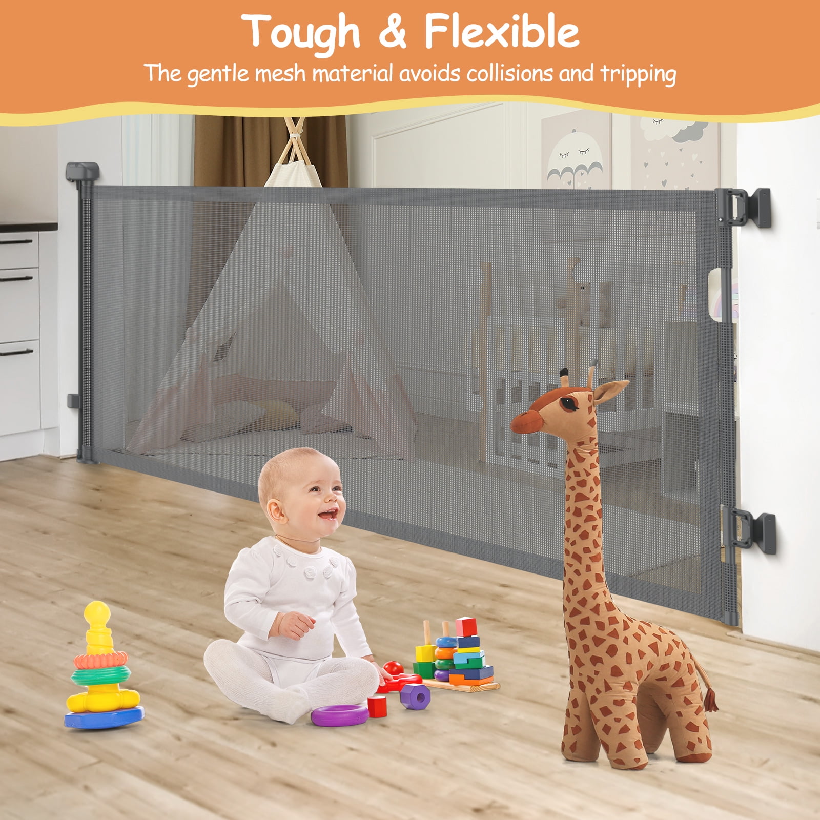 BEBANG Retractable Baby Gate, 2 Installation Modes, 71" Retractable Dog Gate for Stairs, Doorways, Hallways, Indoor and Outdoor, Gray