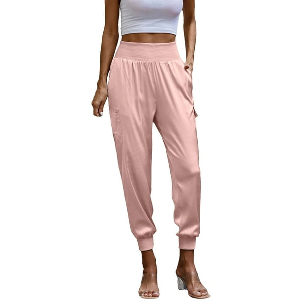 Gibobby pantalones de yoga Pantalones casuales con bolsillo en la cintura elástica de satén para mujer (Rojo, L)